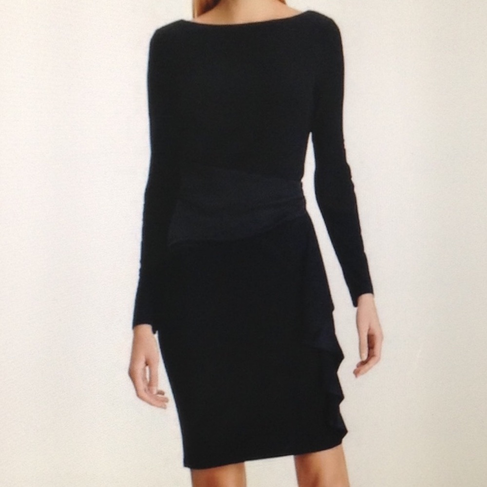 Chaps Satin Ruffle Sheath Dress.